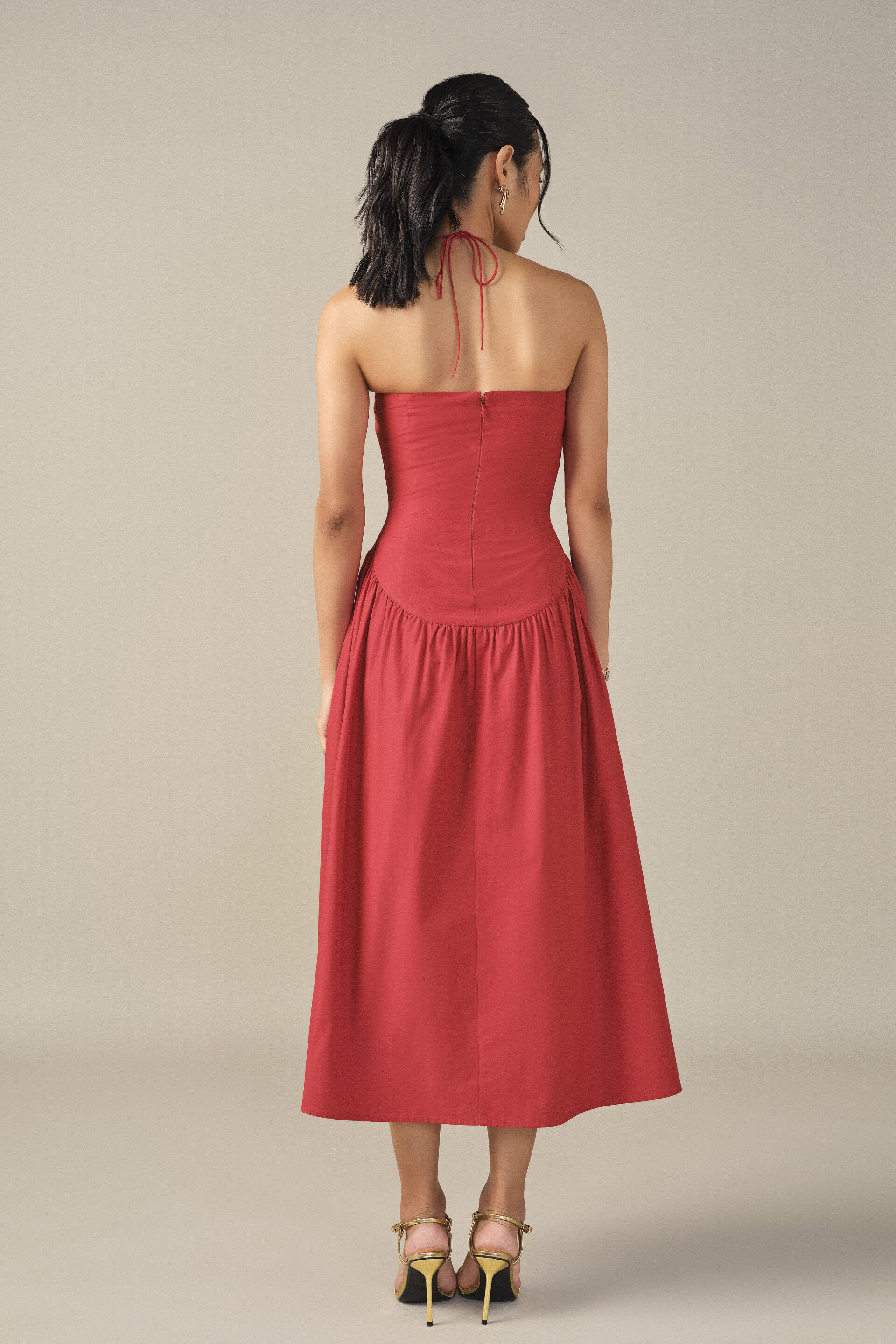 Halter Neck Drop Waist Midi Dress in Red, Red, image 5
